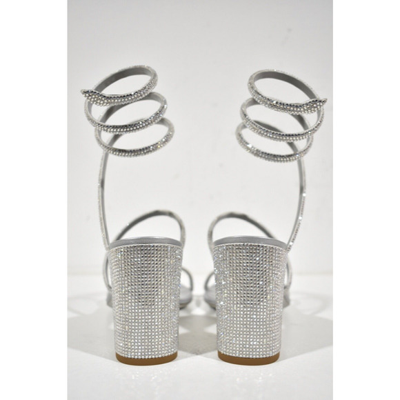 Rene Caovilla Cleo Grey Silver Crystal Wrap Strap Sandal Block Heel Pump 37.5 - Picture 11 of 12